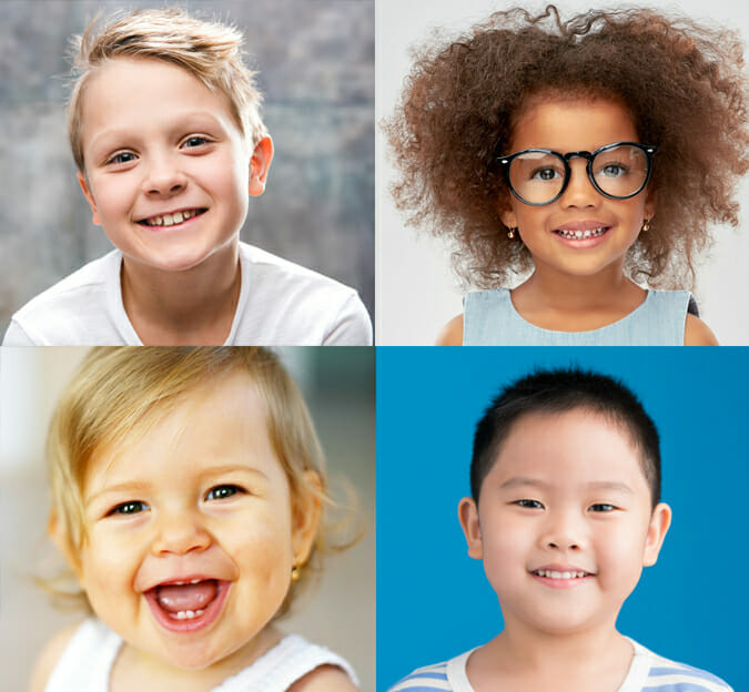 Un collage de niños con diferentes expresiones faciales.