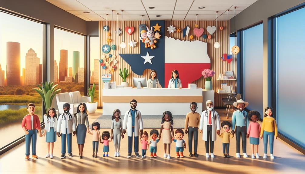 A group of pediatricians standing in front of a Houston flag.